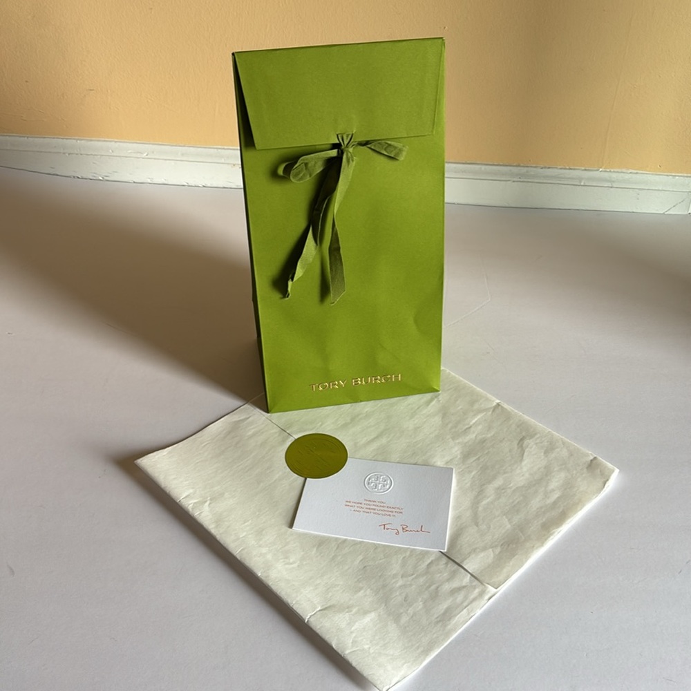 Tory Burch gift bag, wrapping paper with logo sticker, thank you note